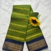 Madurai Sungudi Cotton Veludhari Contrast Border with running blouse - Mehandi green with blue