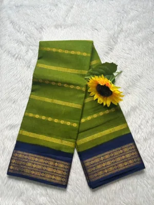 Madurai Sungudi Cotton Veludhari Contrast Border with running blouse - Mehandi green with blue