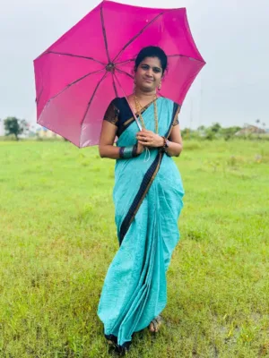 Madurai sungudi Cotton Zari Check Contrast -Sea Blue with Blue (With Blouse)-Pentex