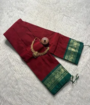 Mangalagiri Cotton Saree With Running Blouse -Red With Green