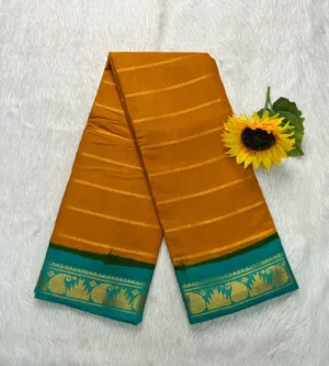 Madurai Sungudi Cotton Veludhari Contrast Border with running blouse - Mustard Yellow with Sea Blue blue