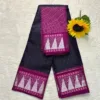 Madurai sungudi cotton Silver Zari Check Contrast - Dark blue with Megenta Pink-Silver temple