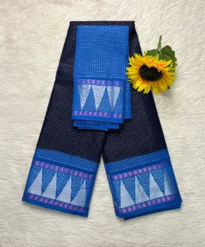 Madurai sungudi cotton Silver Zari Check Contrast - Dark Blue With Sky Blue-Silver temple