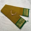 Kanchi cotton saree with small Border with Running Blouse - Kanchi cotton -Mustard Yellow with Green