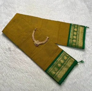 Kanchi cotton saree with small Border with Running Blouse - Kanchi cotton -Mustard Yellow with Green