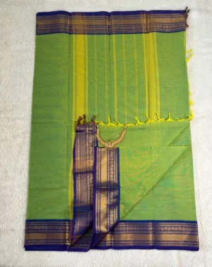 Kanchi cotton saree with small Border with Running Blouse - Kanchi cotton - Parrot Green with Dark Blue