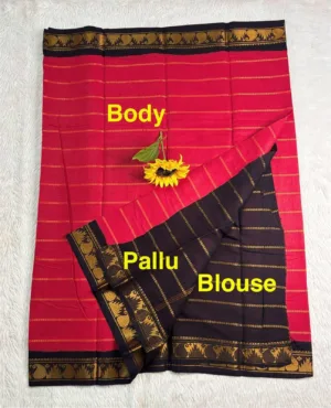 Madurai Sungudi Cotton Veludhari Contrast Border with running blouse - Red with Black