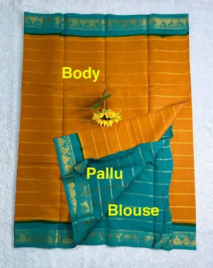 Madurai Sungudi Cotton Veludhari Contrast Border with running blouse - Mustard Yellow with Sea Blue blue