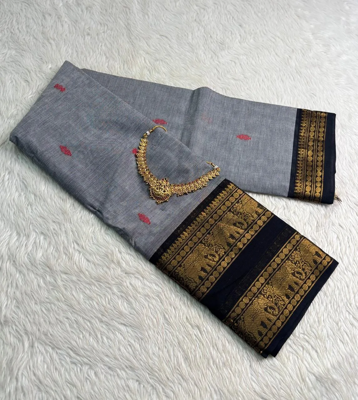 kanchi cotton saree with Running Blouse - Buta - Ash with black