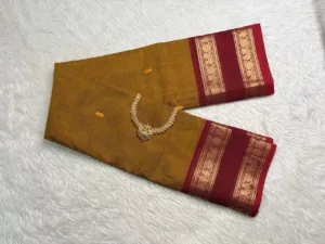 kanchi cotton saree with Running Blouse - Buta - Mustard yellow with Dark red