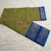 kanchi cotton saree with Running Blouse - Buta - Light green with Copper blue