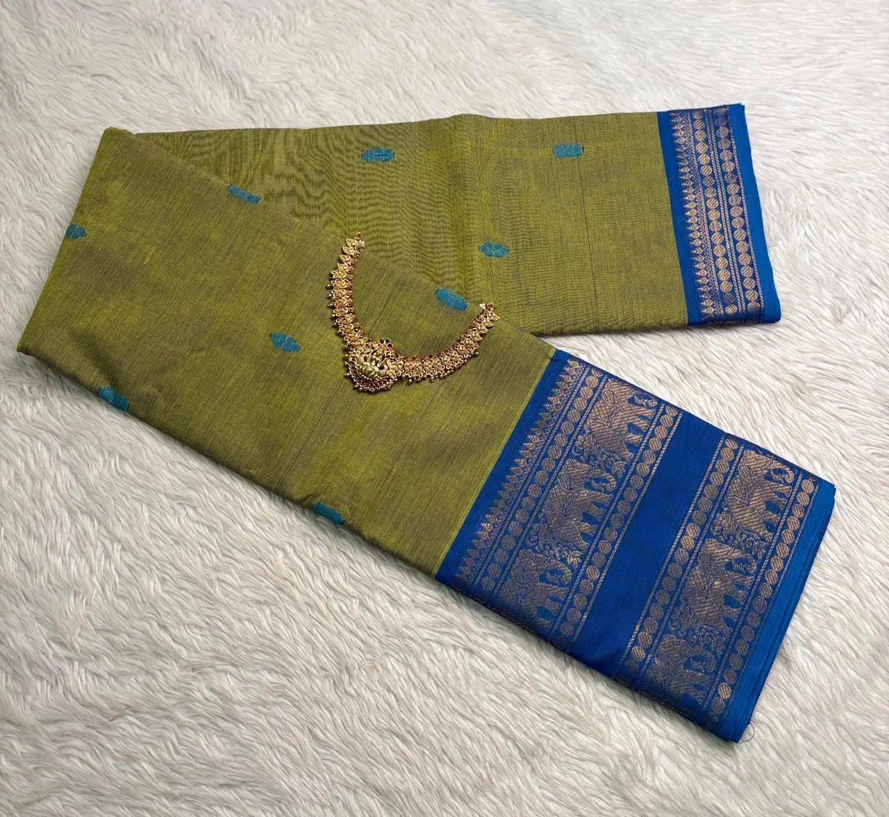 kanchi cotton saree with Running Blouse - Buta - Light green with Copper blue