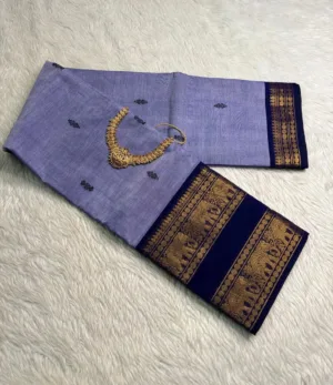kanchi cotton saree with Running Blouse - Buta - Light blue with Navy blue