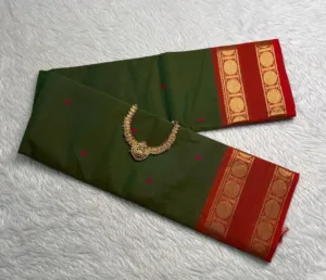 kanchi cotton saree with Running Blouse - Buta - Light green with red