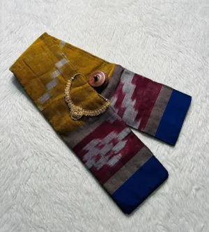 Pocham pally sarees - Mustard yellow with Maroon blue