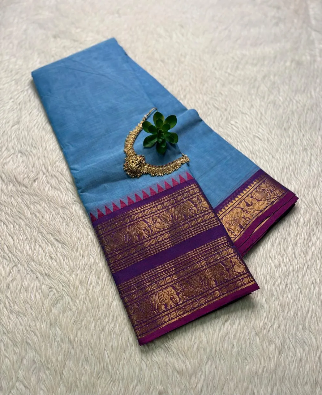 kanchi cotton saree with Running Blouse - Sky blue with Purple