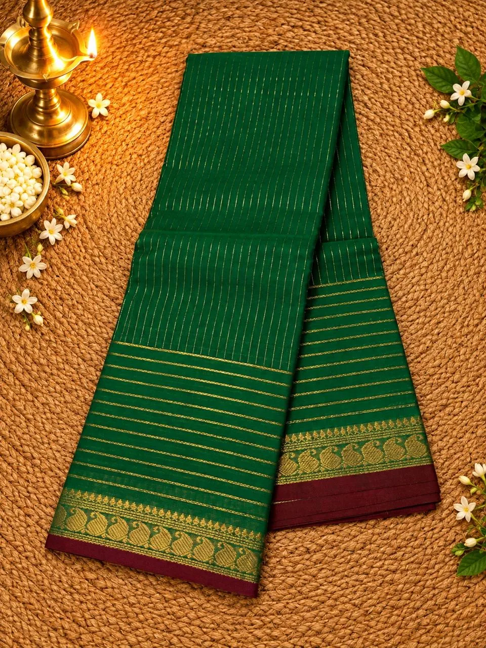 kanchi cotton saree with Running Blouse - Kanchi vairaoosi- Green