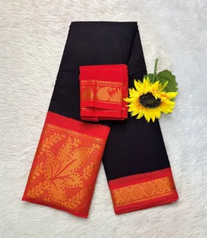Madurai sungudi cotton mayuri - Black with Orange Red-sungudi mayuri