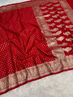 Premium Bridal banarasi georgette saree with Blouse- Orange Red with Black - Red Banarasi