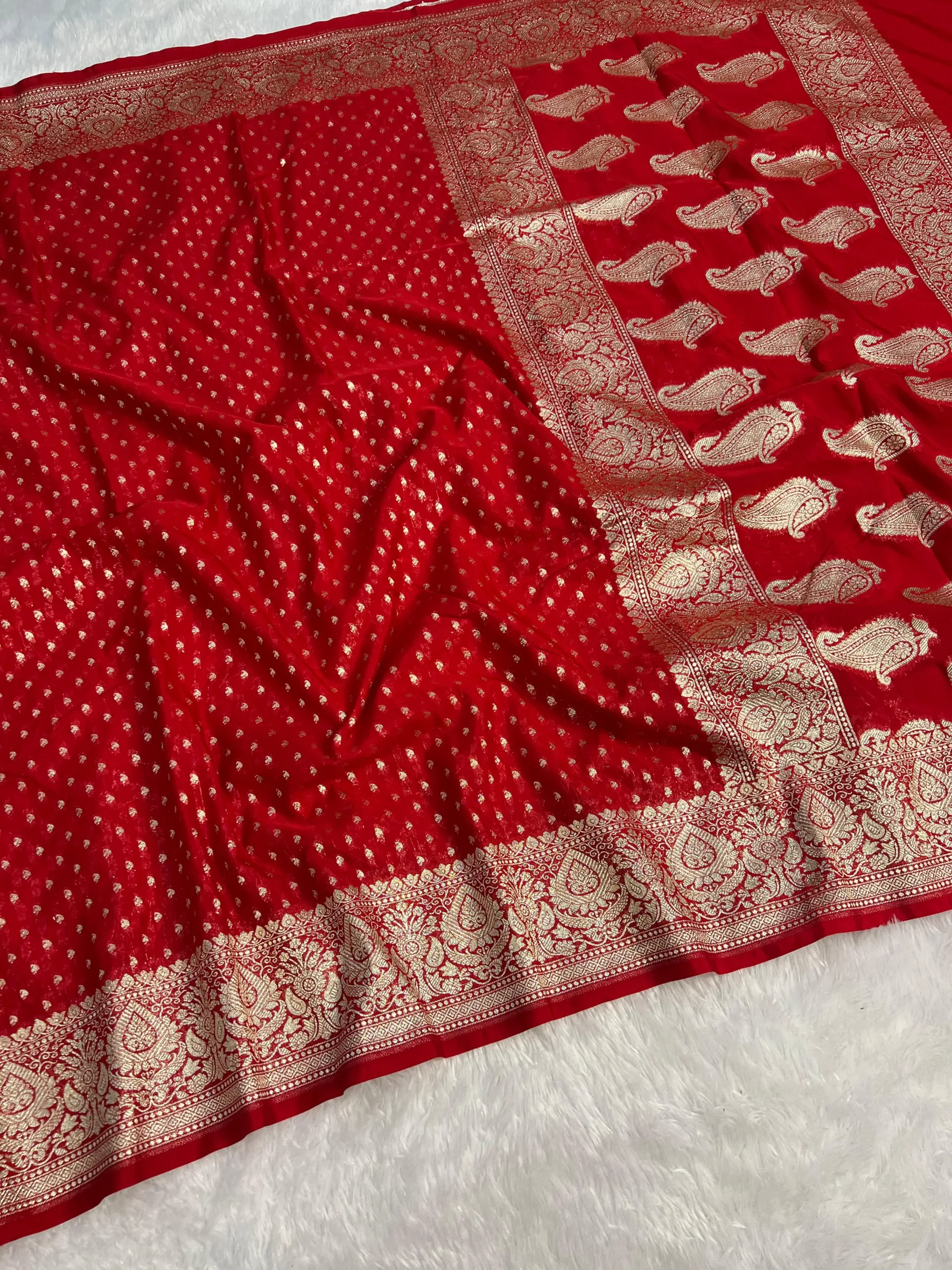 Premium Bridal banarasi georgette saree with Blouse- Orange Red with Black - Red Banarasi