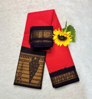 Madurai Sungudi cotton Mayuri - Orange Red with Black - Mayuri