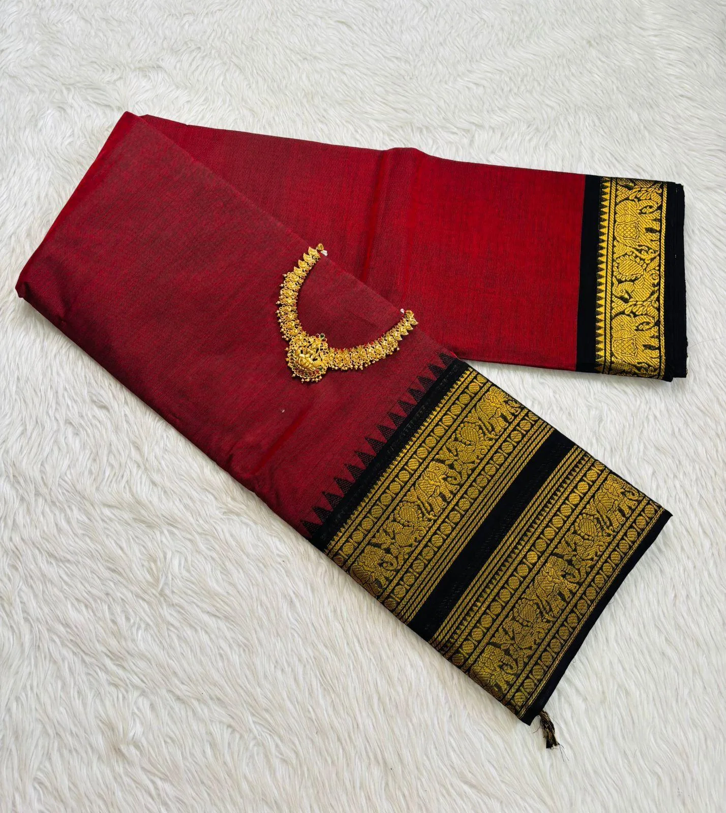 kanchi cotton saree with Running Blouse- Kanchi cotton- Red