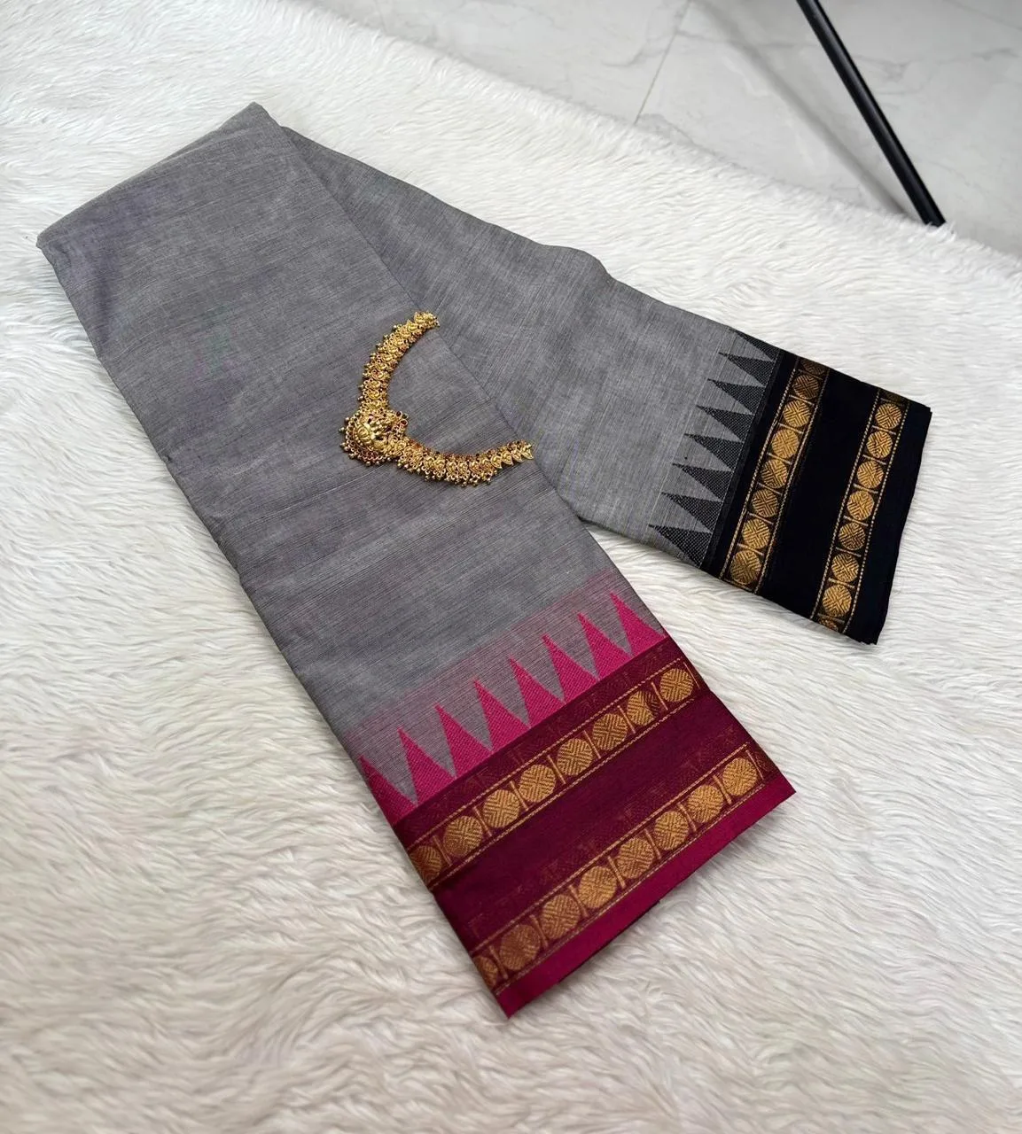 kanchi cotton saree with Running Blouse- Ganga Jamuna - Ash