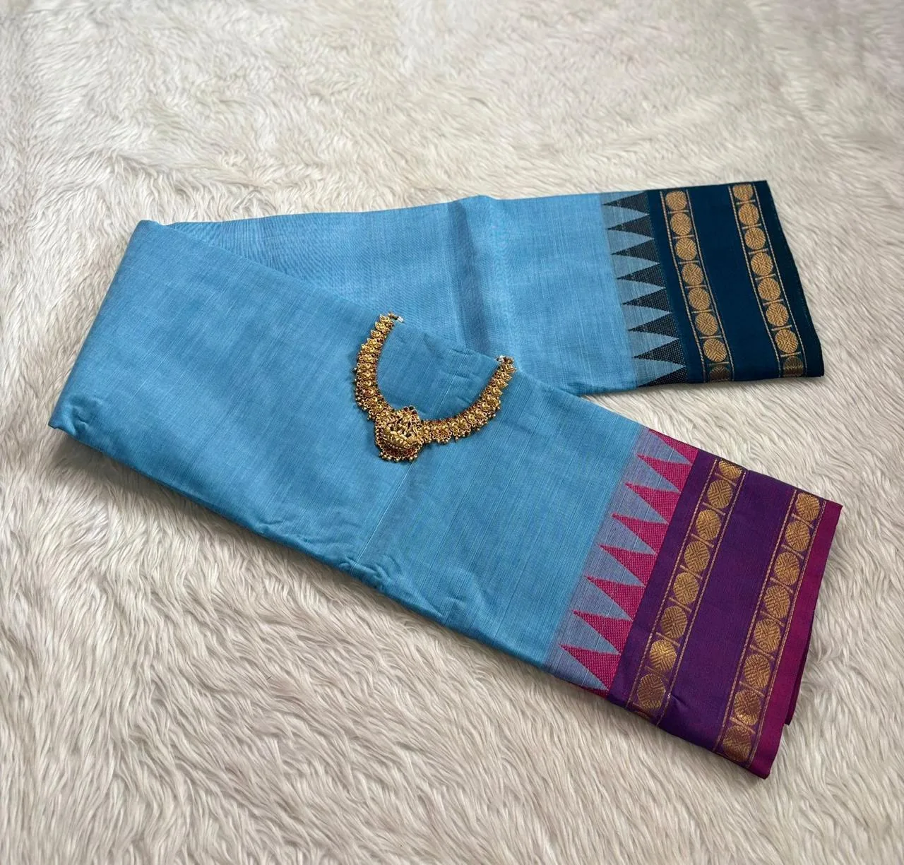 kanchi cotton saree with Running Blouse- Ganga Jamuna - Sky blue