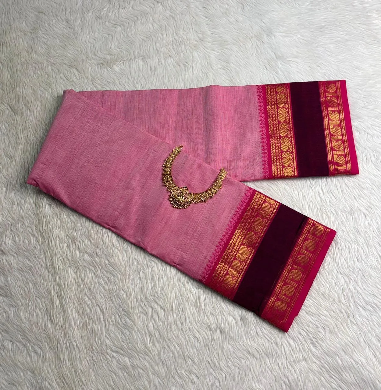 kanchi cotton saree with Running Blouse- Kanchi Cotton - Baby pink with brown