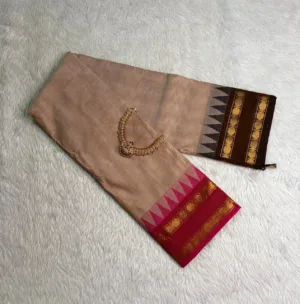 kanchi cotton saree with Running Blouse- Ganga Jamuna - Biscuit