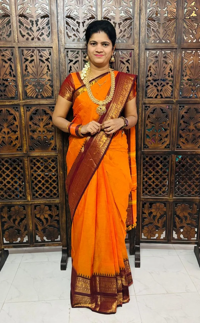 kanchi cotton saree with Running Blouse- Kanchi cotton- yellowish Brick red (orange)