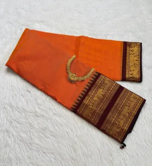 kanchi cotton saree with Running Blouse- Kanchi cotton- yellowish Brick red (orange)