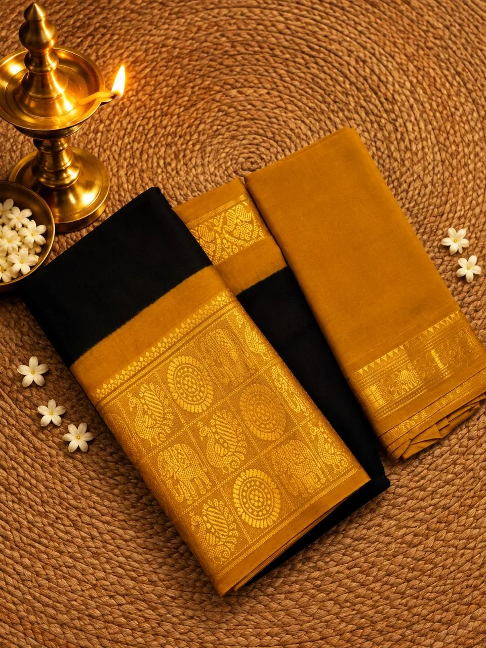 Madurai sungudi cotton mayuri - Black with Yellow - sungudi mayuri