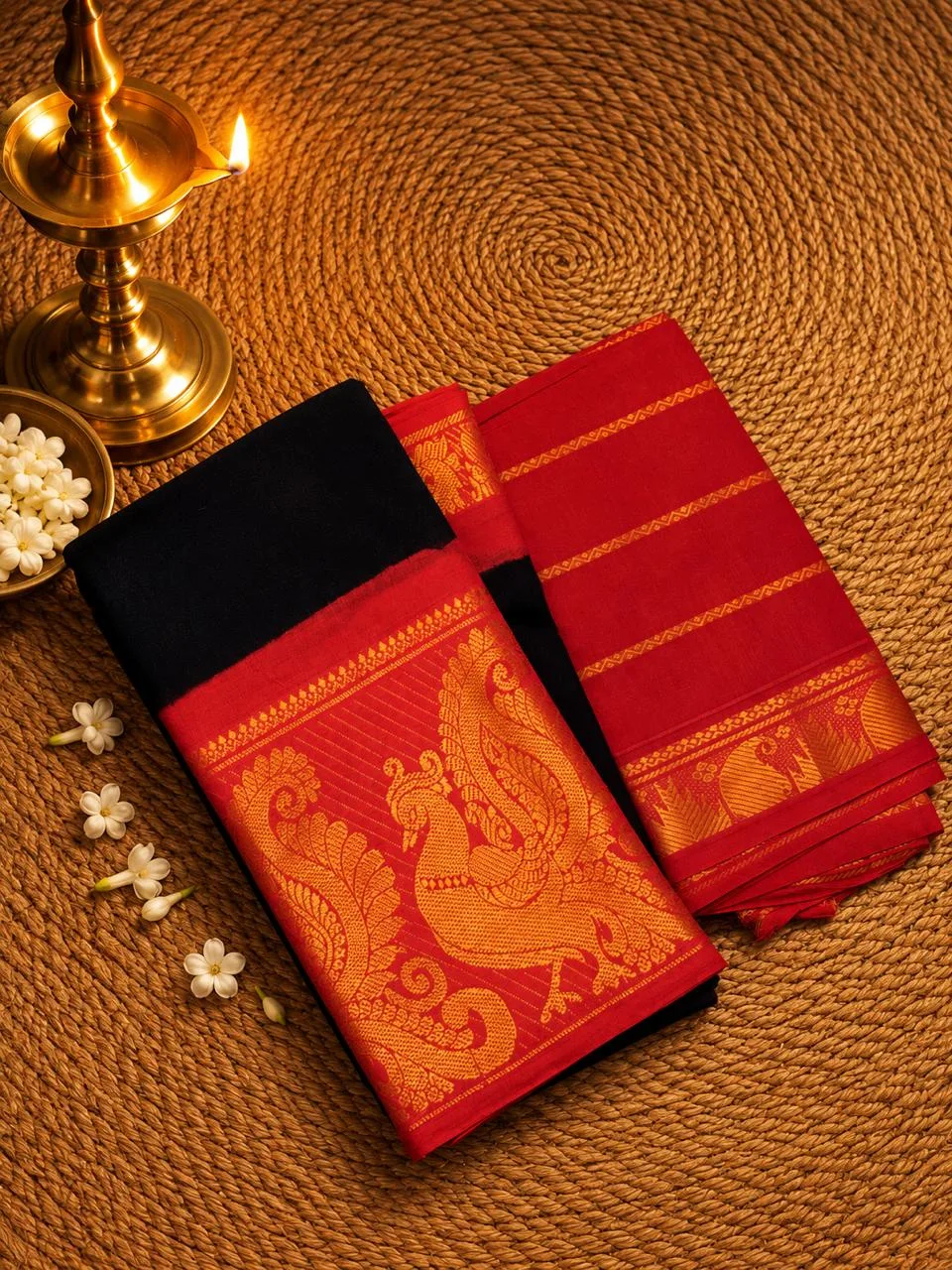 Madurai sungudi cotton mayuri - Black with Orange Red-sungudi mayuri