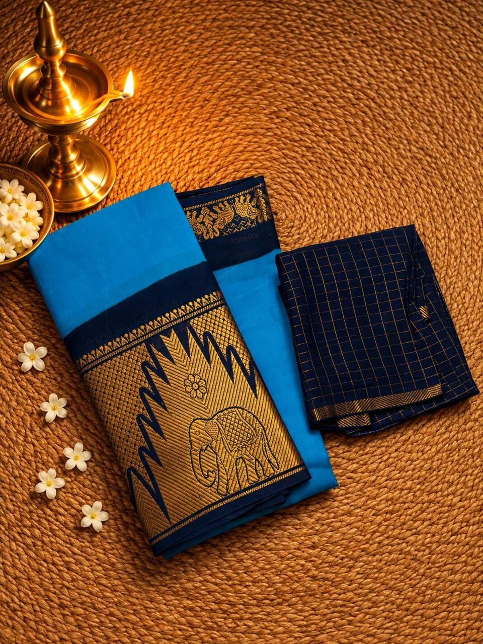 Madurai sungudi cotton mayuri - Sky blue with Navy blue - sungudi mayuri