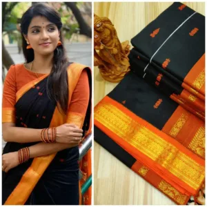 Kalyani cotton saree with Running Blouse-checked pattern- Black With Orange