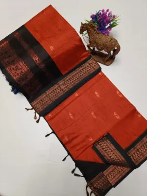 Kalyani cotton saree with Running Blouse-checked pattern-orange with Black