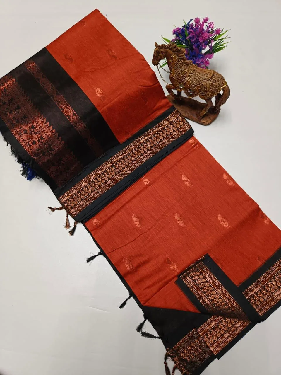 Kalyani cotton saree with Running Blouse-checked pattern-orange with Black