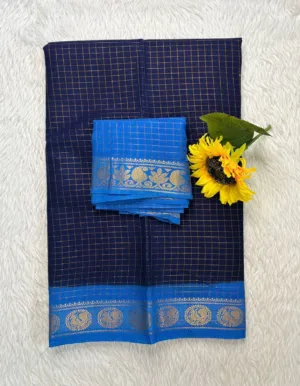 Madurai sungudi Cotton Zari Check Contrast - Navy Blue with blue (Extra Blouse)-sungudi small border