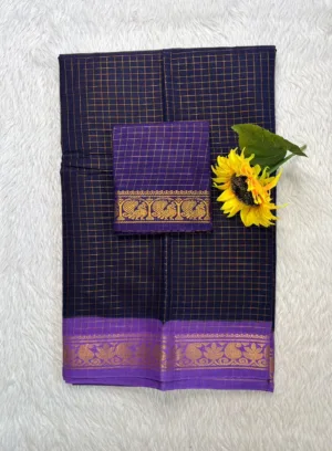 Madurai sungudi Cotton Zari Check Contrast - Navy Blue with Lavender (Extra Blouse)-sungudi small border