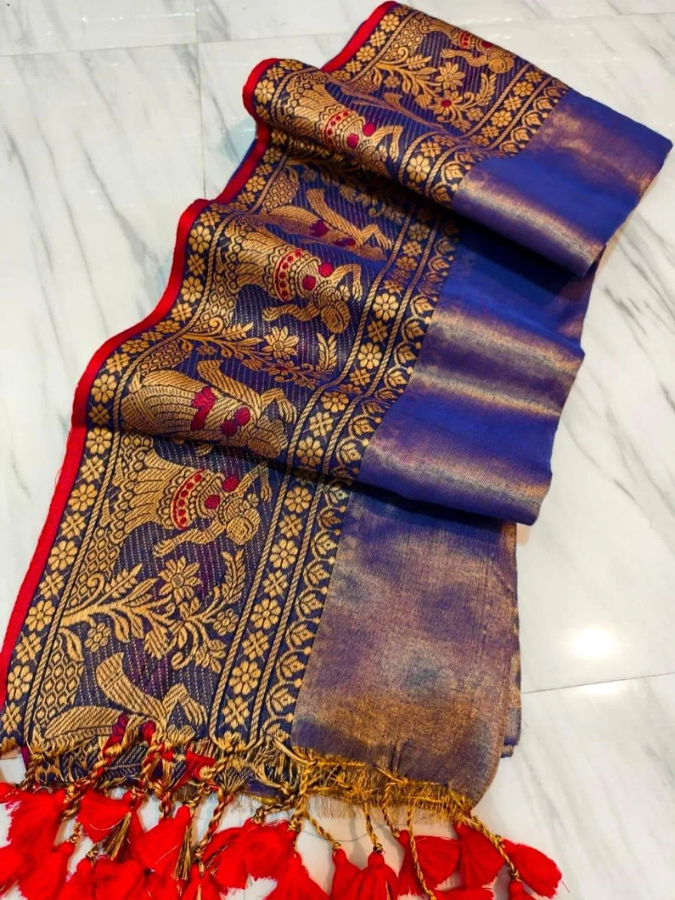 Tissue saree With Running Blouse - Blue Shade- Tissue saree