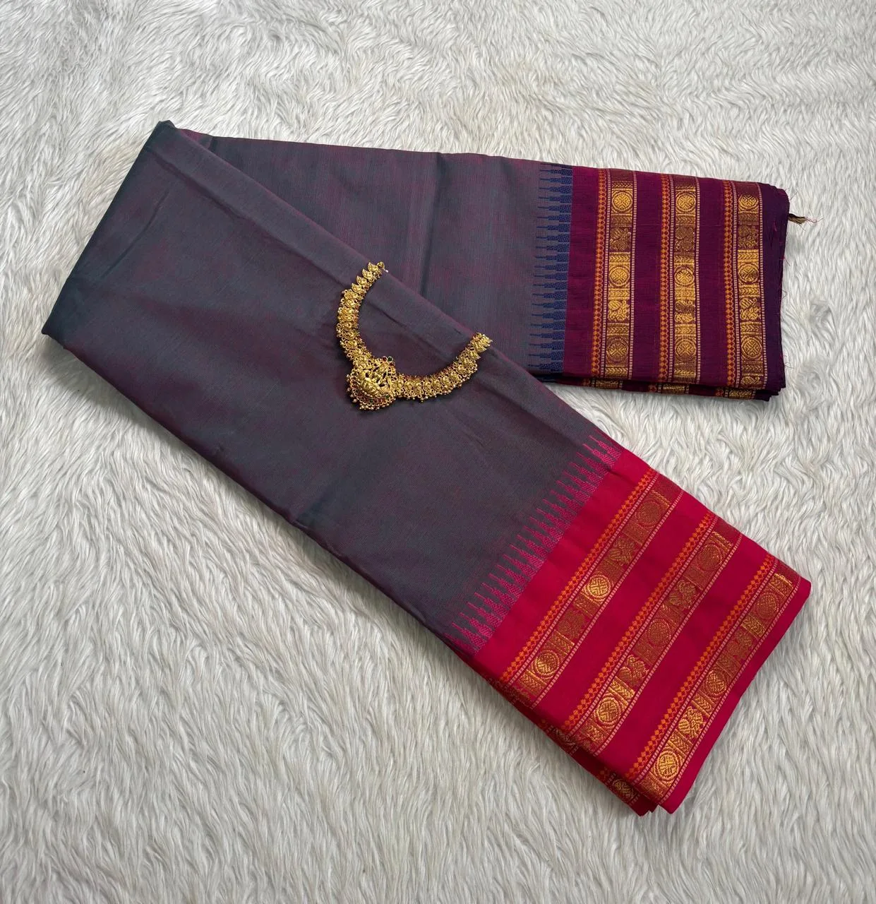 kanchi cotton saree with Running Blouse - Kanchi cotton - Ganga Jamuna Border -Ash