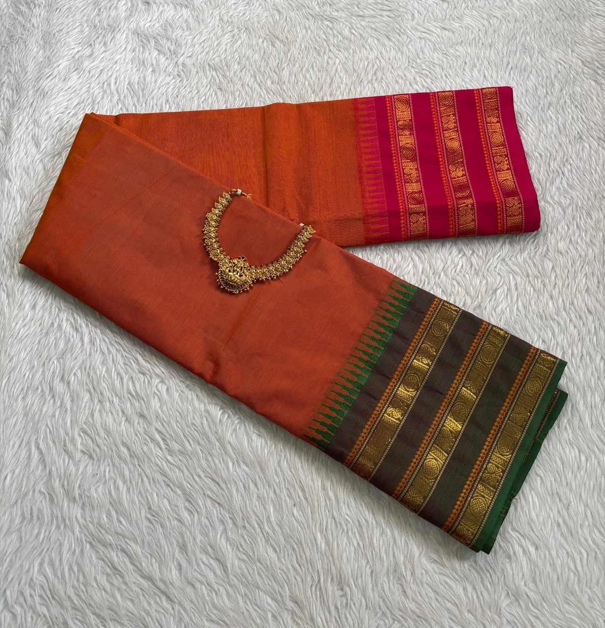 kanchi cotton saree with Running Blouse - Kanchi cotton - Ganga Jamuna Border -Orange