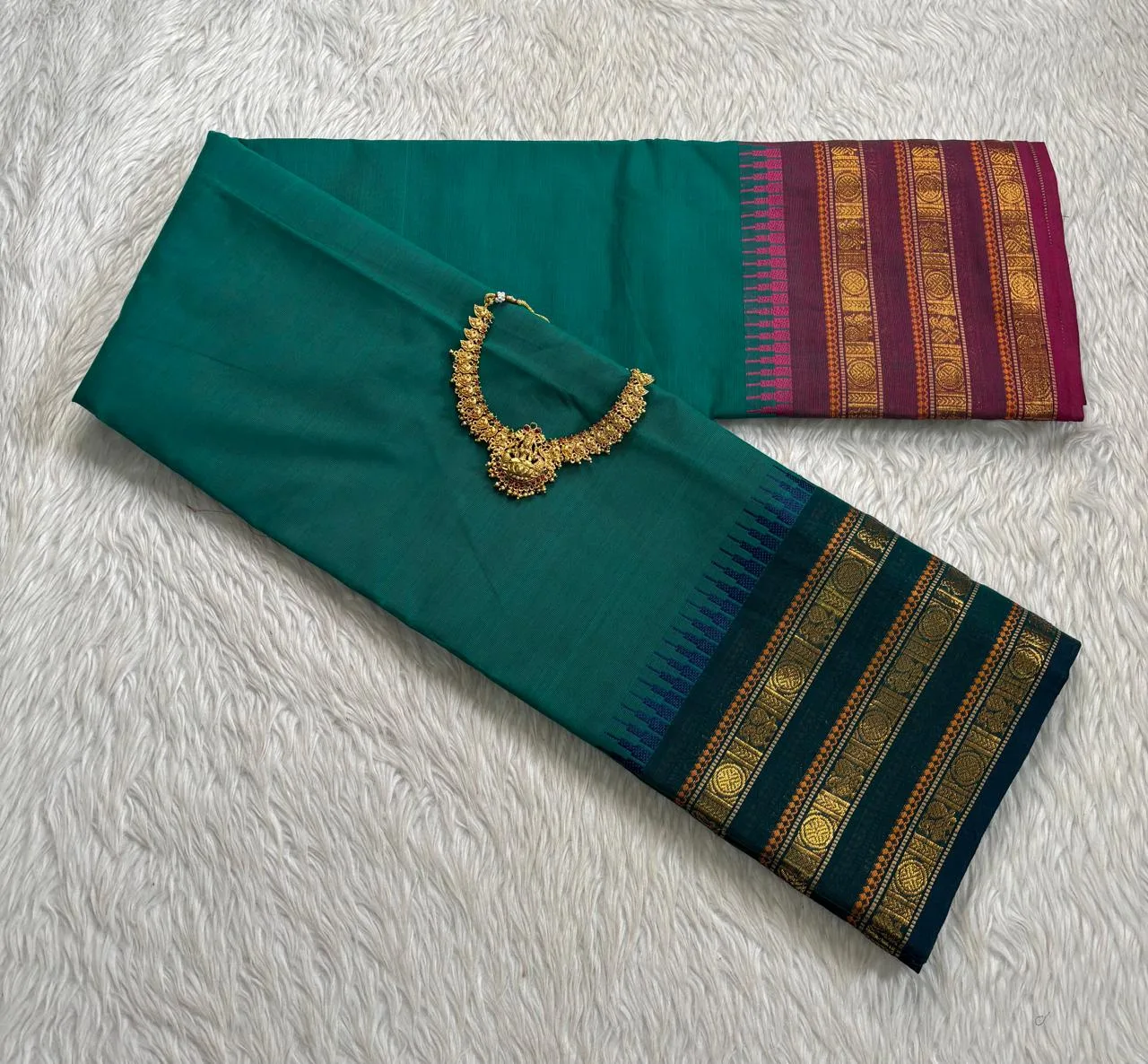 kanchi cotton saree with Running Blouse - Kanchi cotton - Ganga Jamuna Border -Silver Green