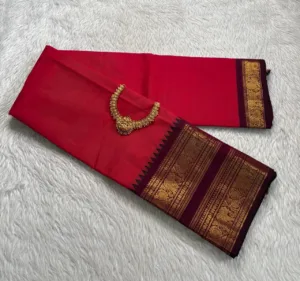 kanchi cotton saree with Running Blouse - Kanchi cotton - Tomato Pink with Maroon