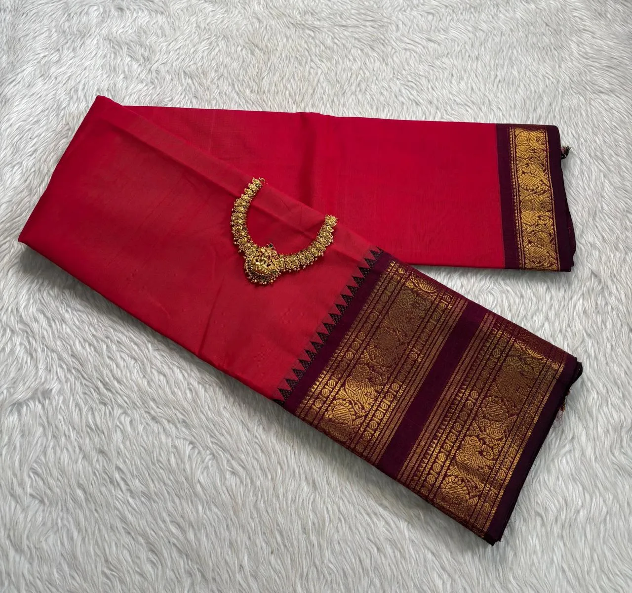 kanchi cotton saree with Running Blouse - Kanchi cotton - Tomato Pink with Maroon