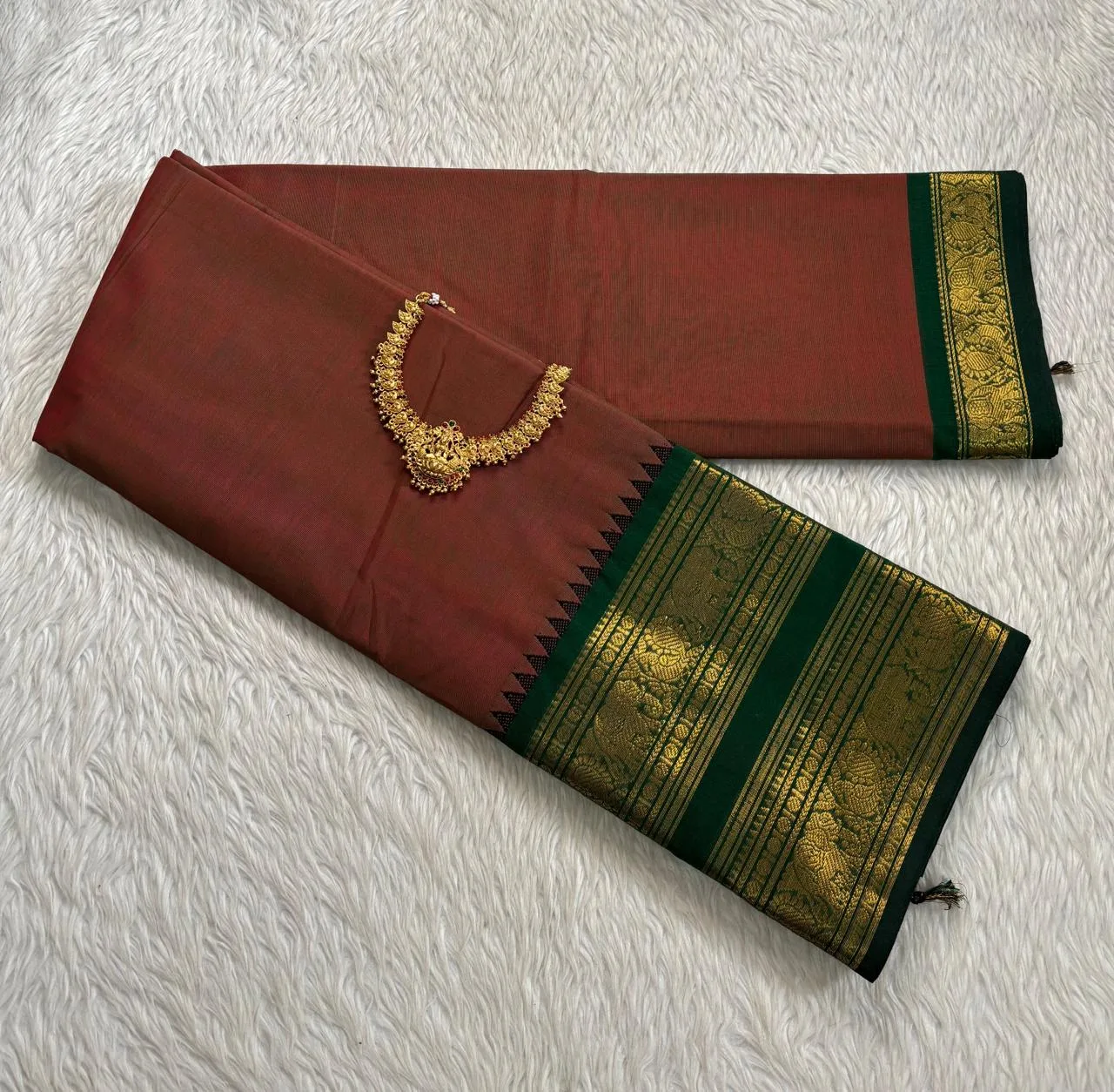 kanchi cotton saree with Running Blouse - Kanchi cotton - Brown with Green