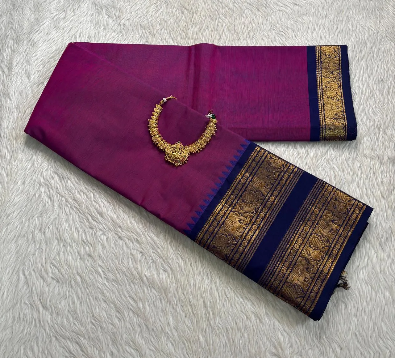 kanchi cotton saree with Running Blouse - Kanchi cotton - Magenta Pink