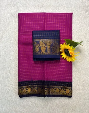 Madurai sungudi Cotton Zari Check Contrast - Megenta Pink with Blue (Extra Blouse)-sungudi small border