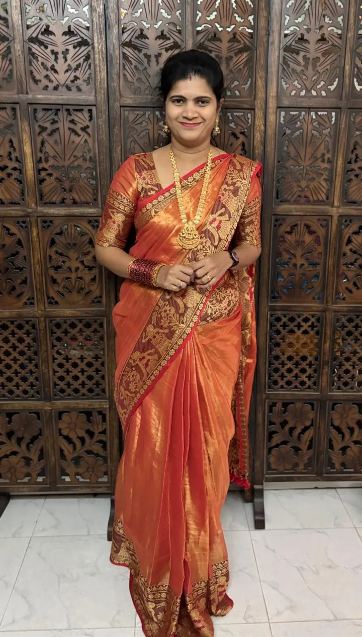 Tissue saree With Running Blouse - Orange shade- Tissue saree